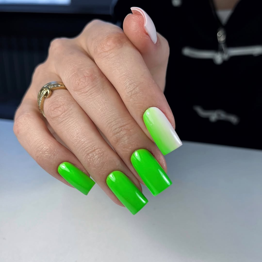 Neon Green Ombré White Glossy Square Nails