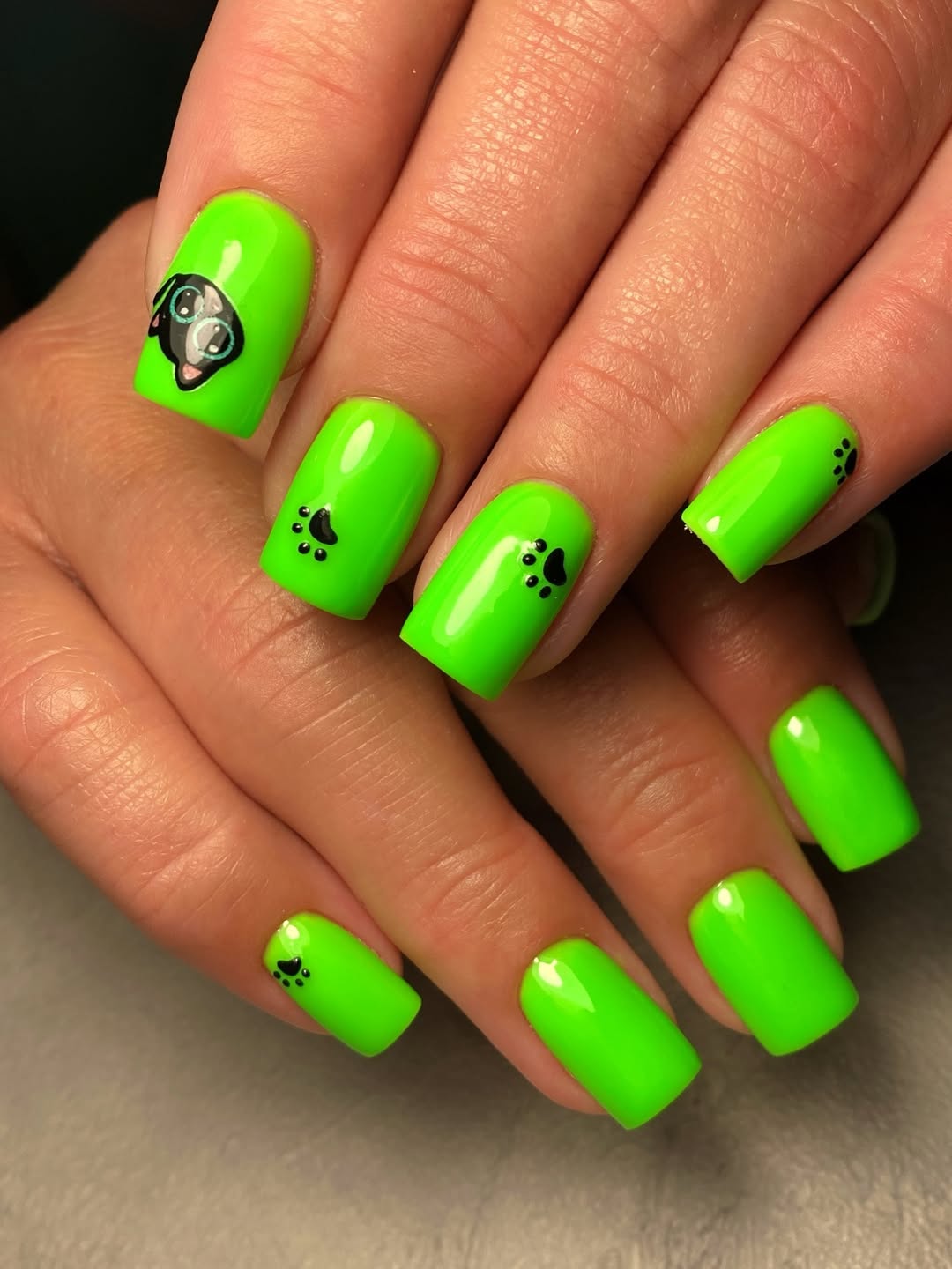 Neon Green Puppy Paw Print Square Nails