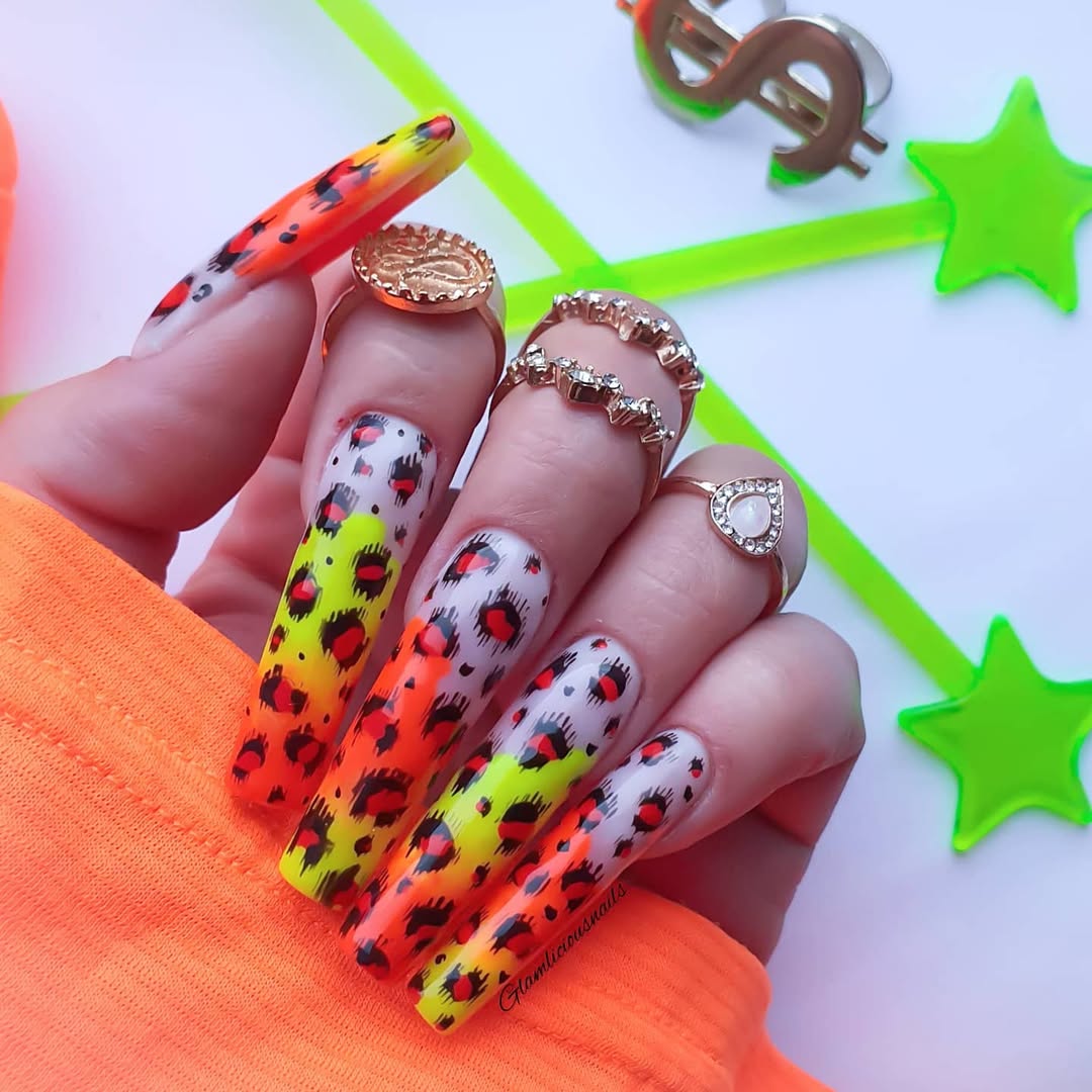 Neon Leopard Print Orange Yellow Gradient Long Coffin Nails