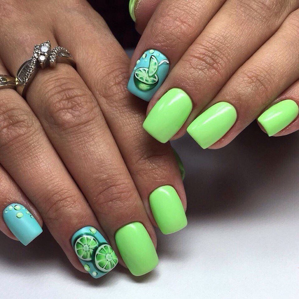 Neon Lime and Aqua Citrus Summer Nails