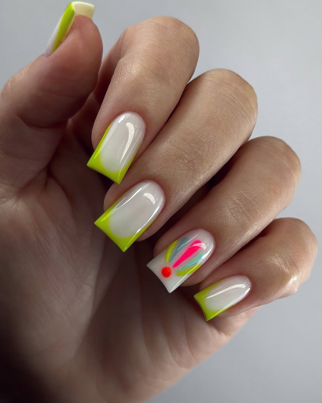 Neon Lime French Tip Squoval with Abstract Art