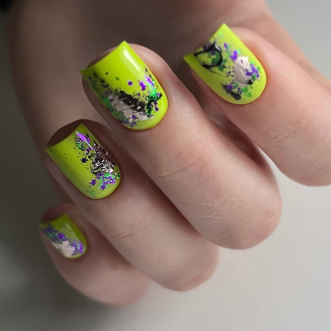 Neon Lime Green Abstract Glitter Nails
