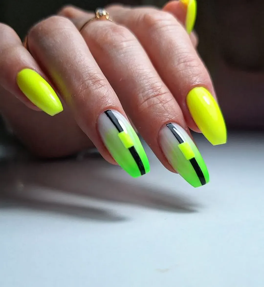 Neon Lime Green Gradient Coffin Nails
