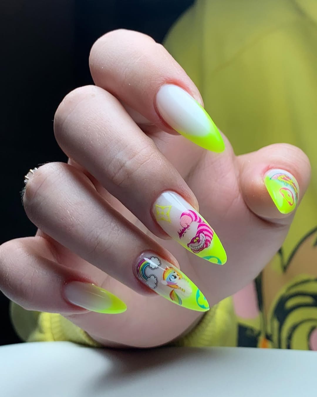 Neon Ombre French with Playful Cartoon Art