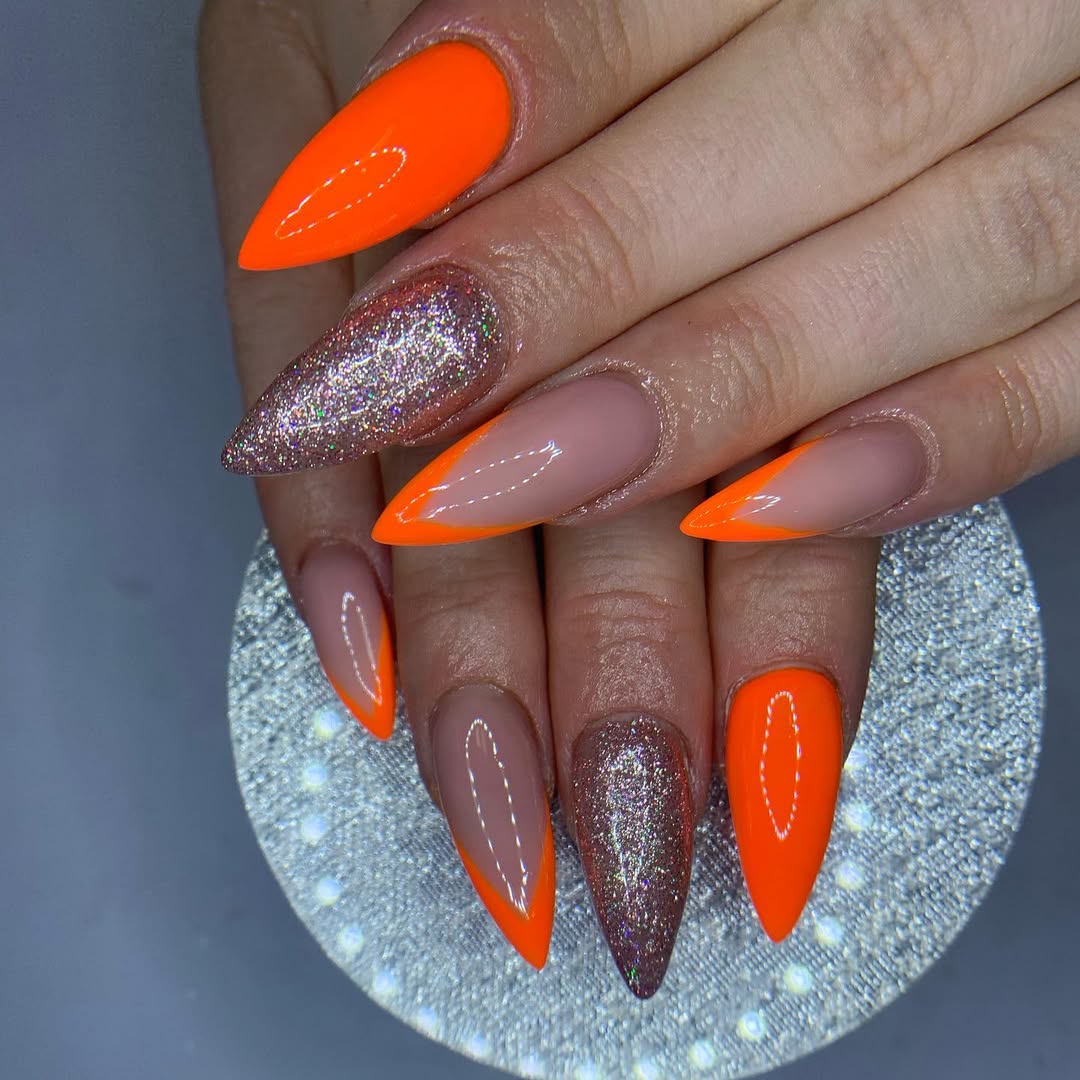 Neon Orange French Tips And Glitter Nails