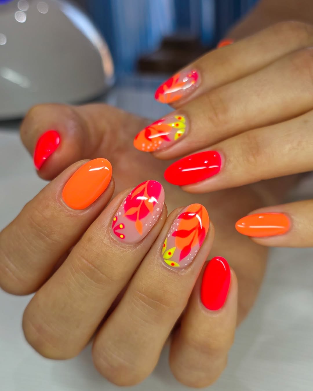 Neon Orange Red Floral Botanical Bright Nails