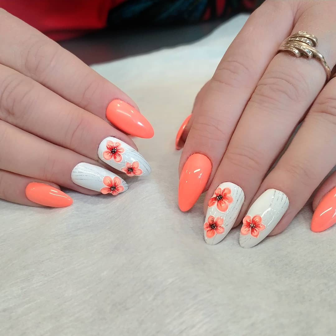 Neon Orange White Floral Almond Summer Nails
