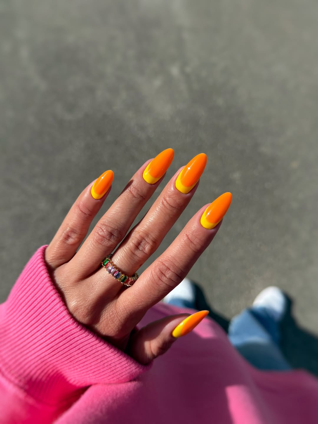 Neon Orange Yellow Abstract Almond Nails