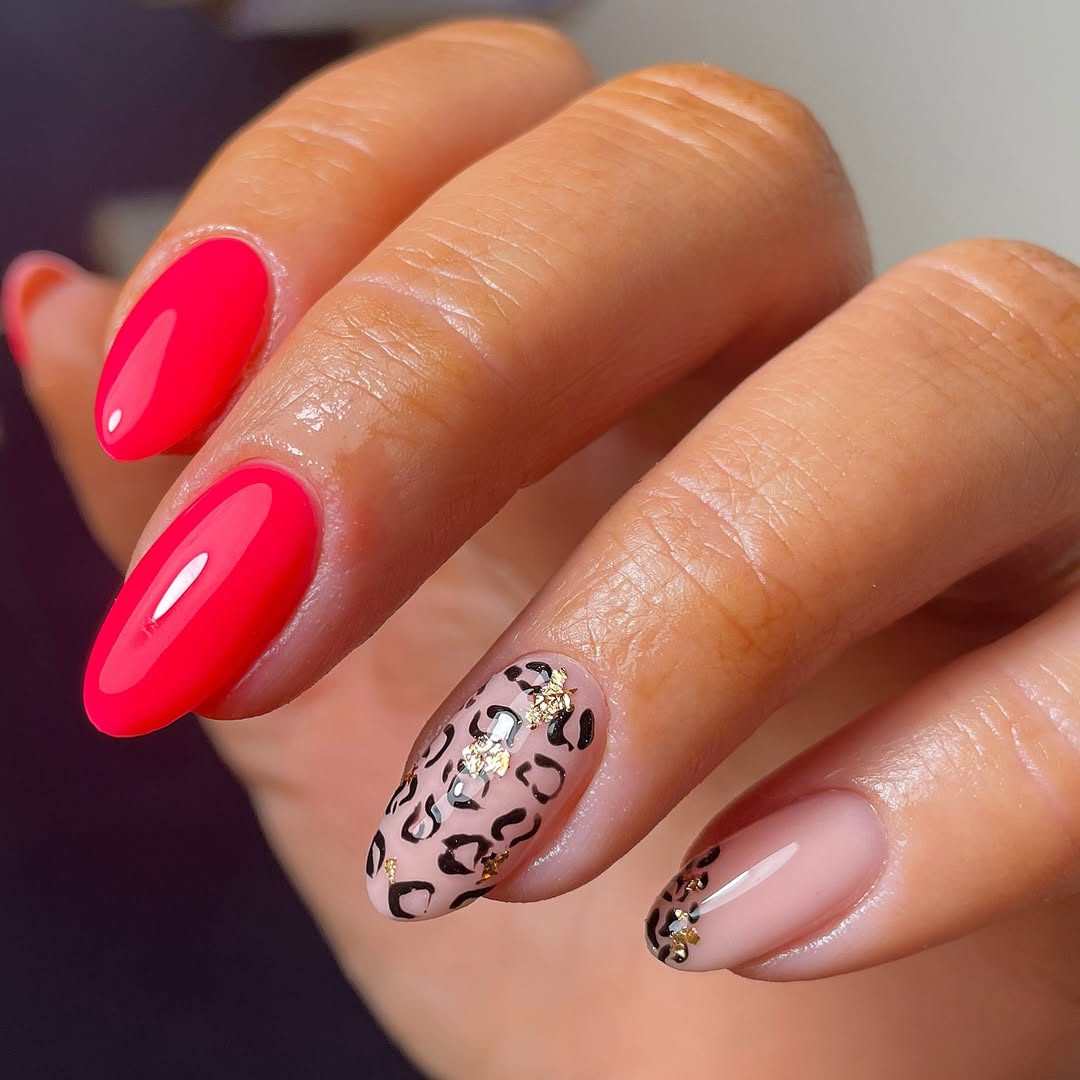 Neon Pink Almond Nails With Leopard Accent