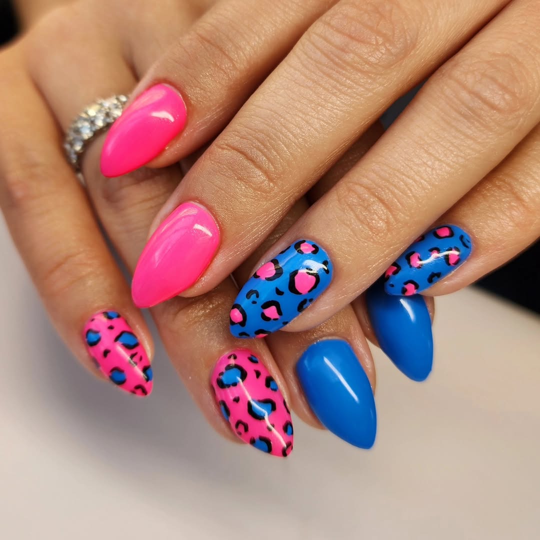Neon Pink and Blue Leopard Print Almond Nails