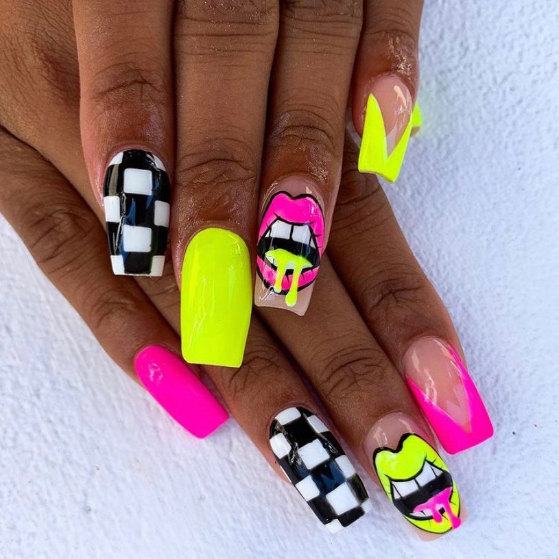 Neon Pink and Green Checkerboard Lip Art Nails