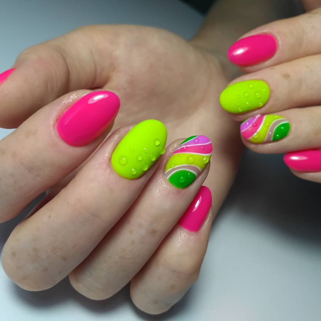 Neon Pink and Green Water Drop Striped Nails