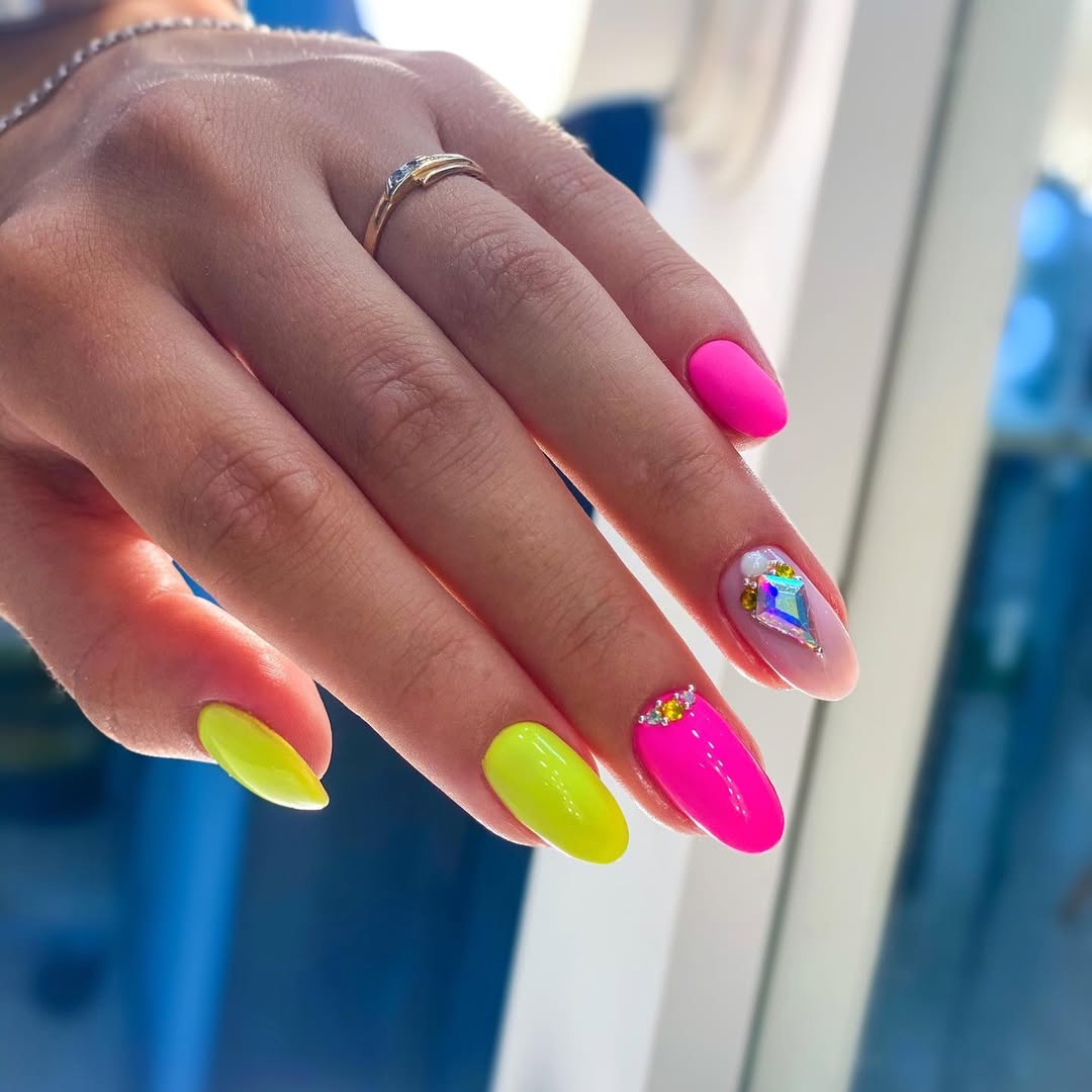 Neon Pink and Lime Green Almond Nails with Rhinestones