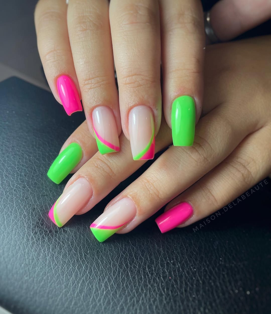Neon Pink and Lime Green French Tip Squares