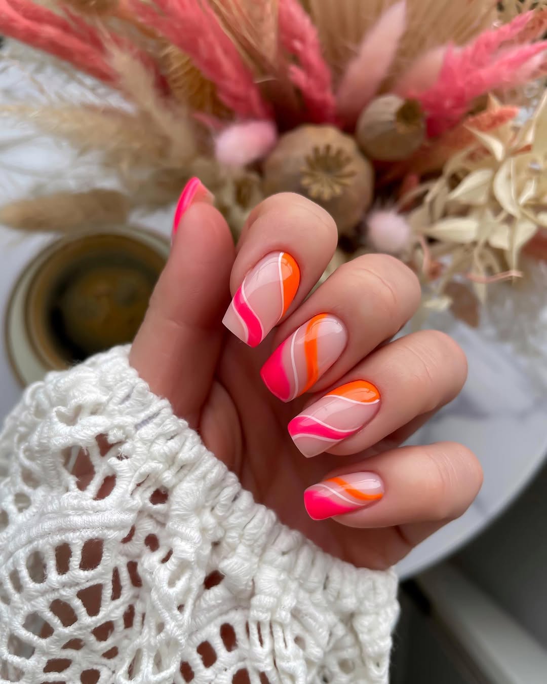 Neon Pink and Orange Swirl French Tips