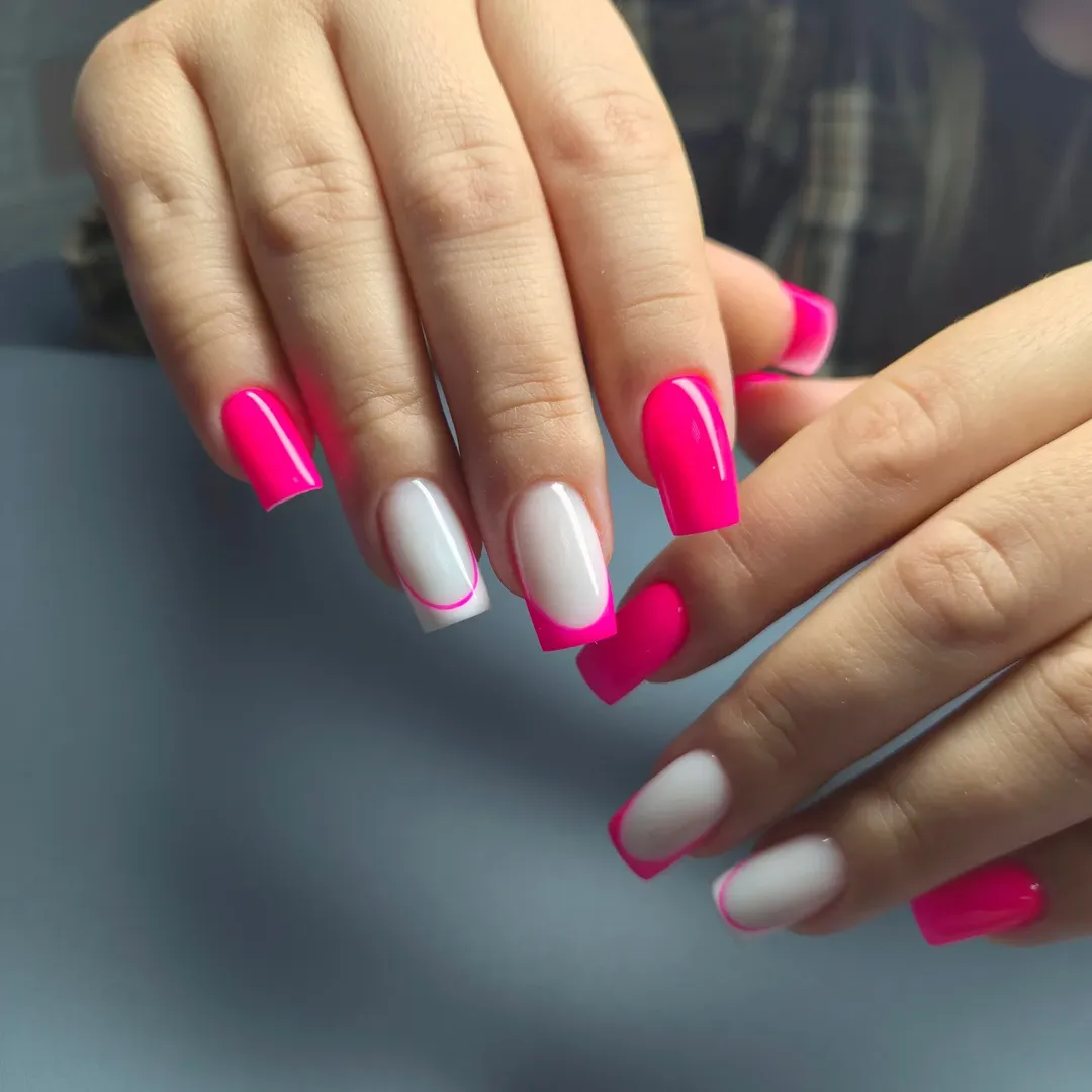 Neon Pink and White Modern French Tips