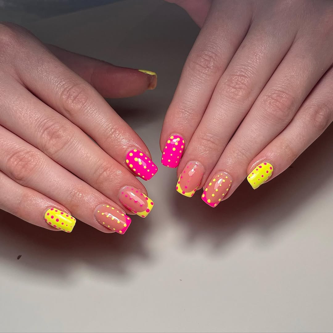 Neon Pink and Yellow Polka Dot Square Tips