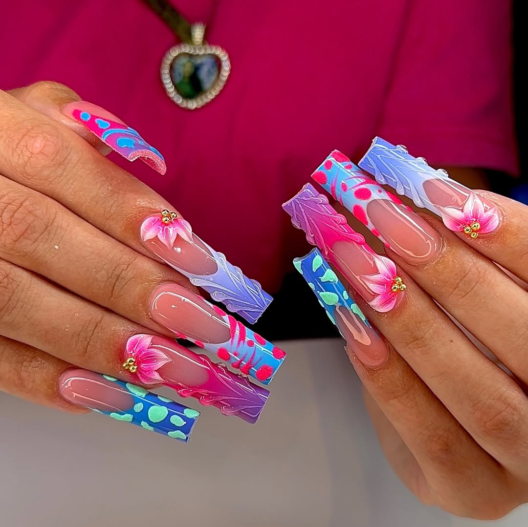 Neon Pink Blue Purple Long Coffin 3D Flower Nails