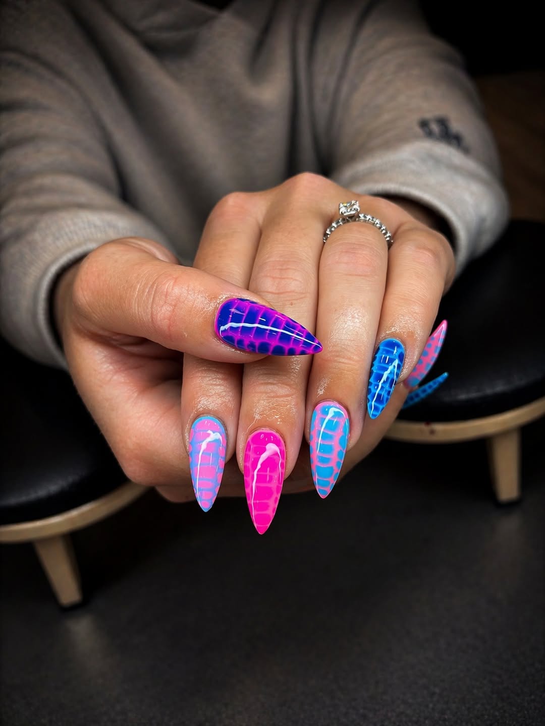 Neon Pink Blue Violet Crocodile Print Stiletto Nails