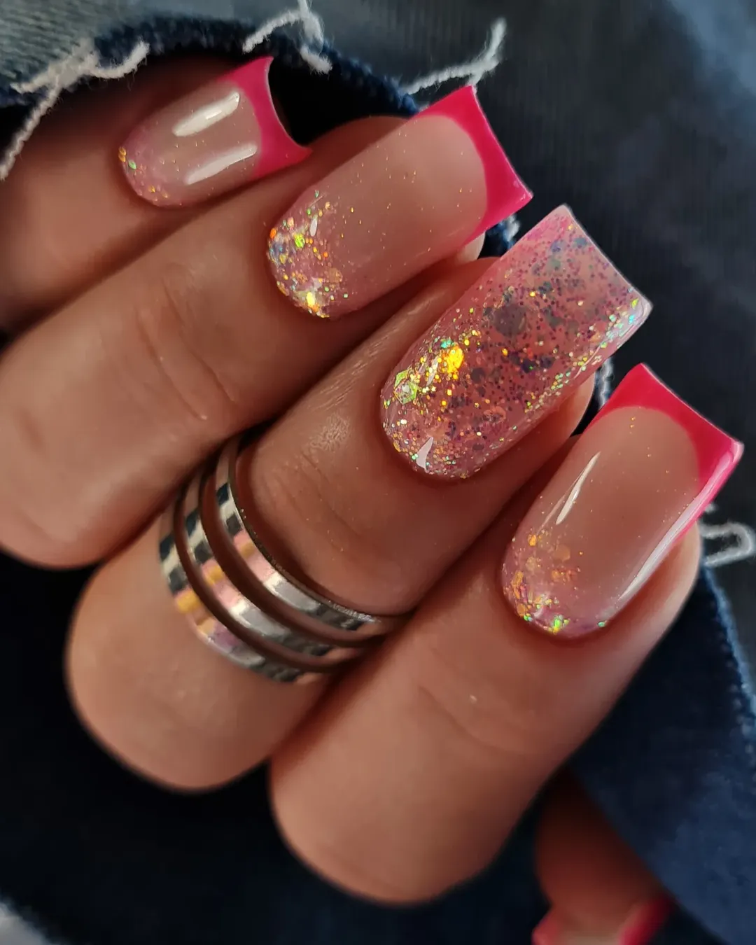Neon Pink French Tips with Iridescent Glitter Coffin