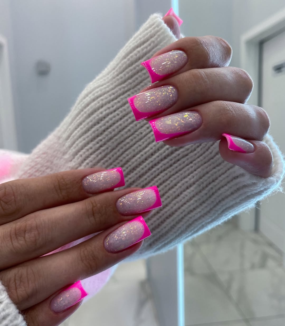 Neon Pink Glitter French Tip Square Nails