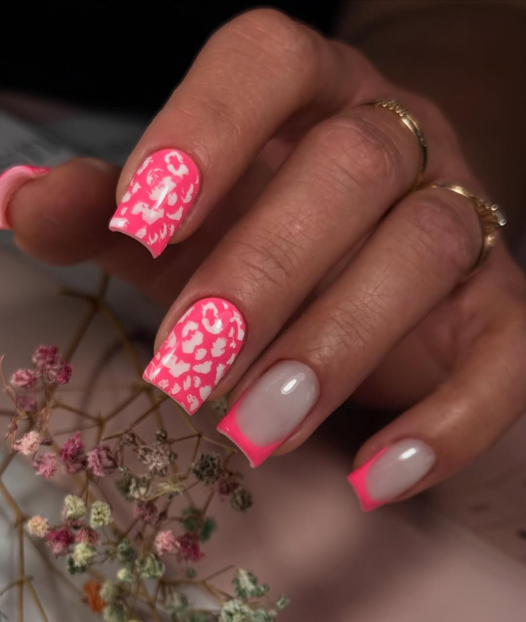 Neon Pink Leopard Print and French Tip Accents