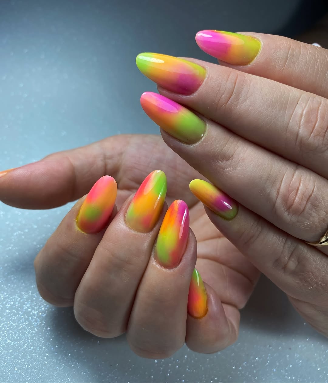 Neon Pink Orange Green Glossy Aura Almond Nails