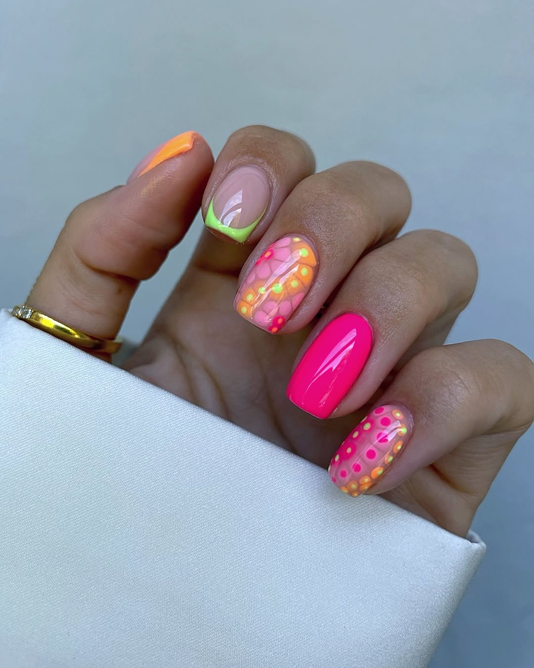 Neon Pink Orange Green Polka Dot Overlay Short Square