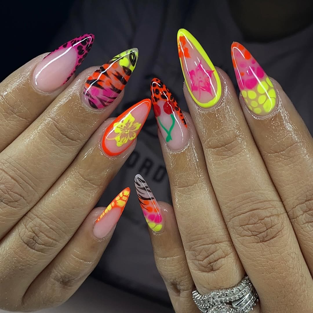Neon Pink Orange Yellow Animal Print Cherry Nails
