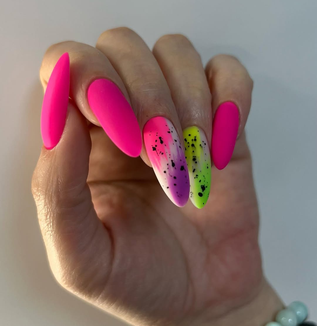 Neon Pink, Purple, Lime Green Matte Speckled Almond Nails