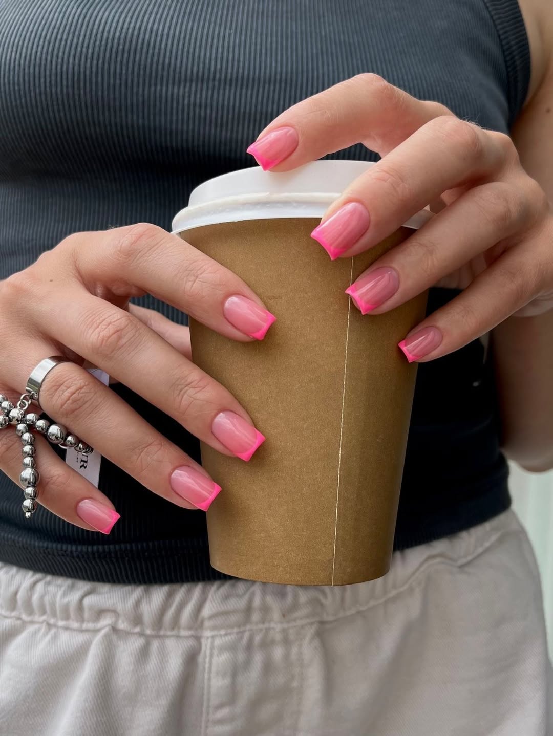 Neon Pink Square French Tip Nails