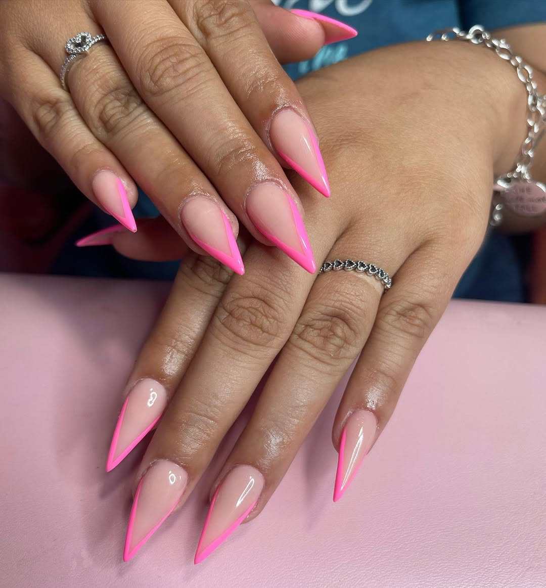 Neon Pink V-Line Outline Stiletto Nails