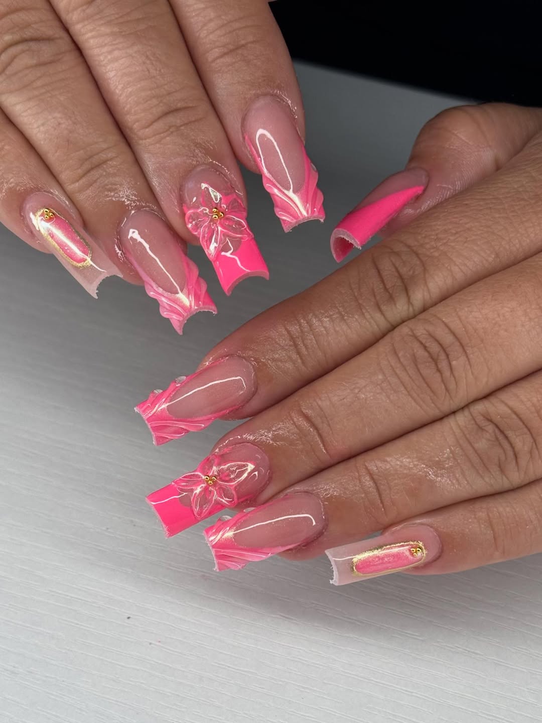 Neon Pink Wavy French Tips with 3D Flowers
