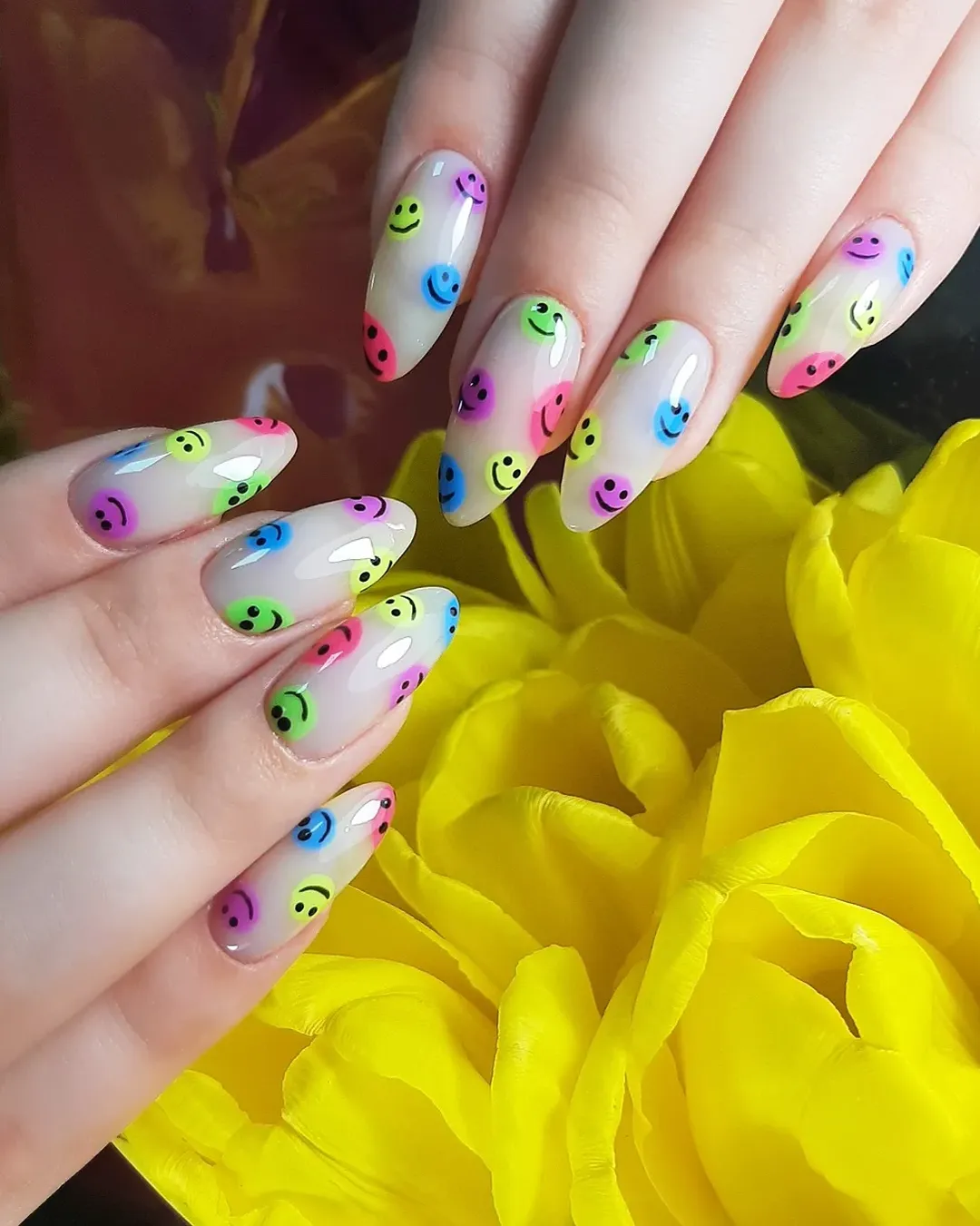 Neon Smiley Face Aura Almond Nails