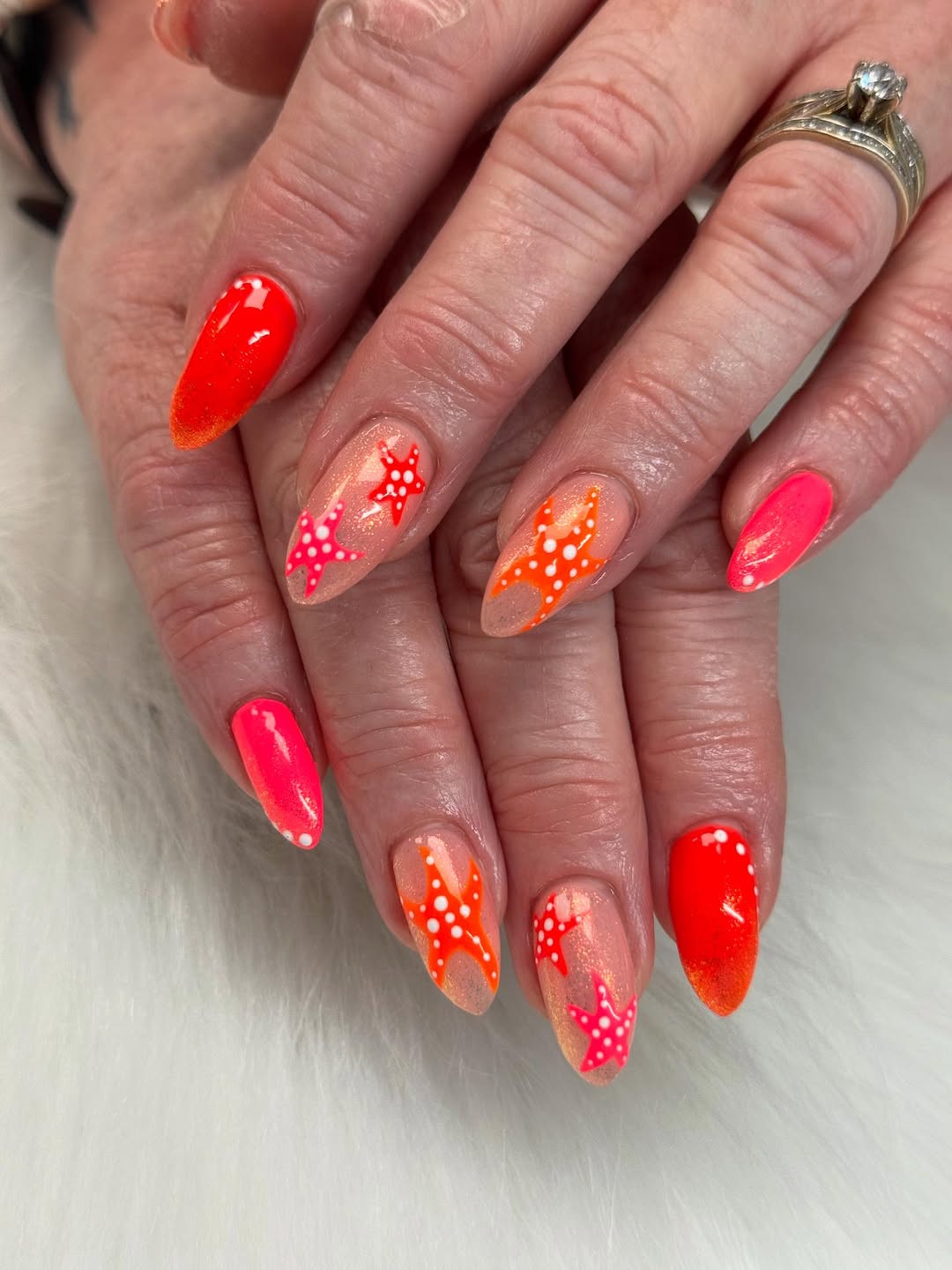 Neon Starfish Shimmer Ombré Almond Nails