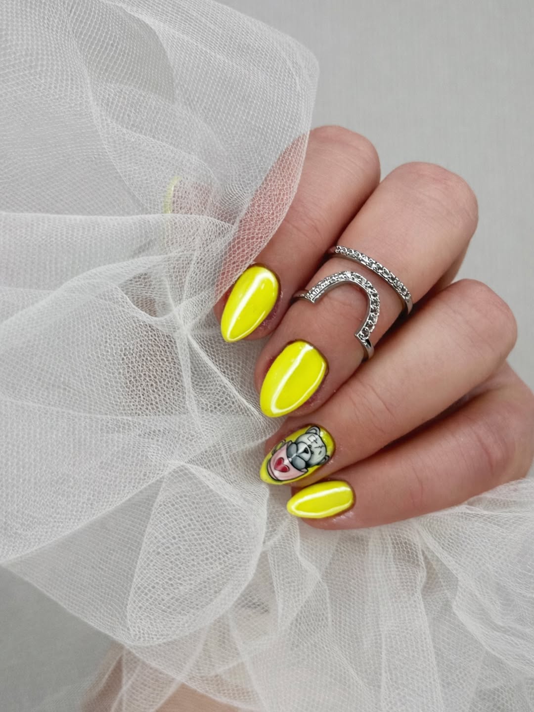 Neon Yellow Bear Character Art Oval Nails