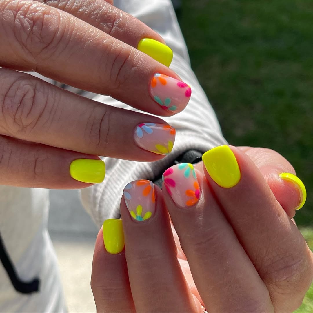 Neon Yellow Flower Power Short Squoval Nails