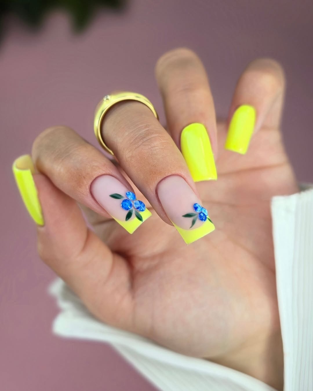 Neon Yellow French Tip Blueberry Nail Art