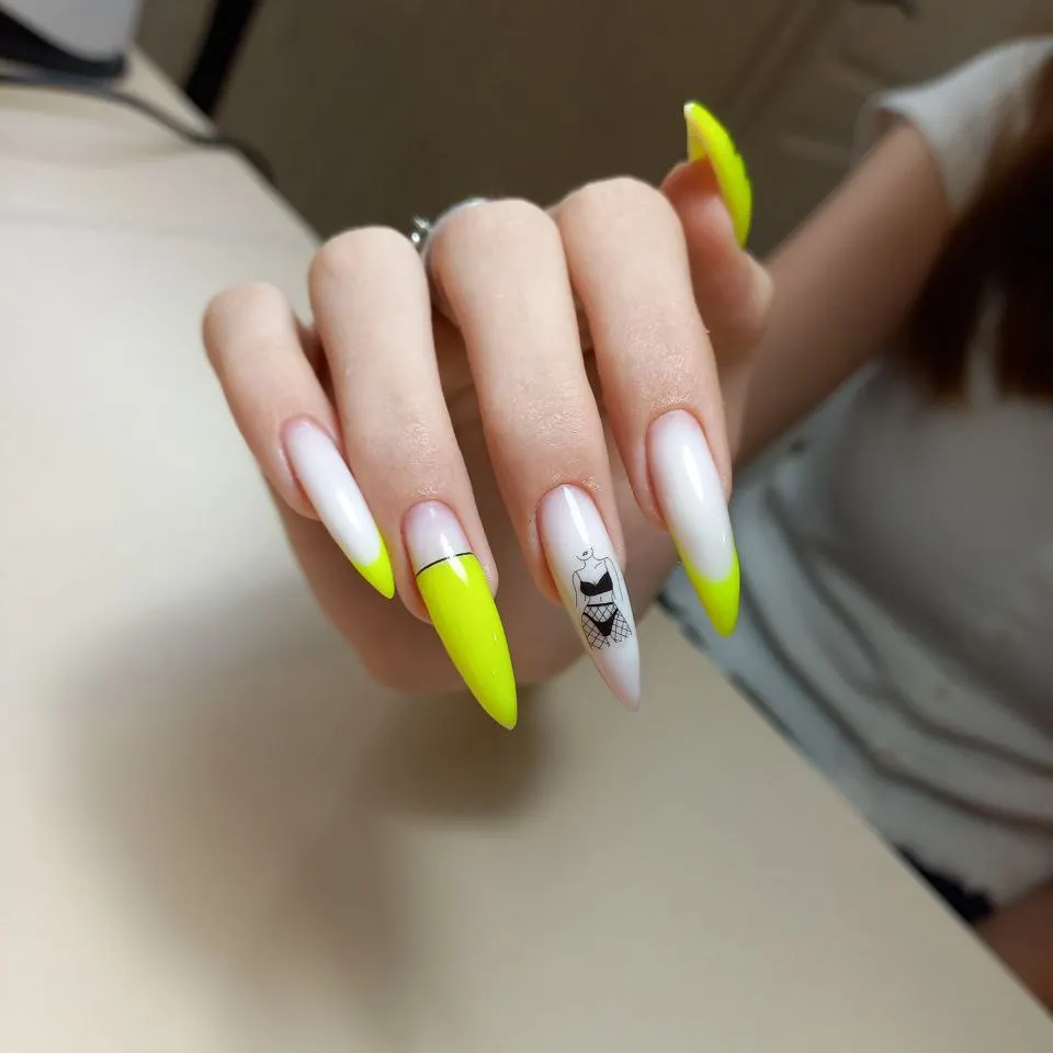 Neon Yellow French With Black Lingerie Art