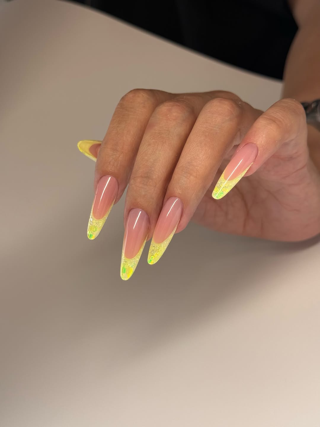 Neon Yellow Glitter French Tips Long Stiletto