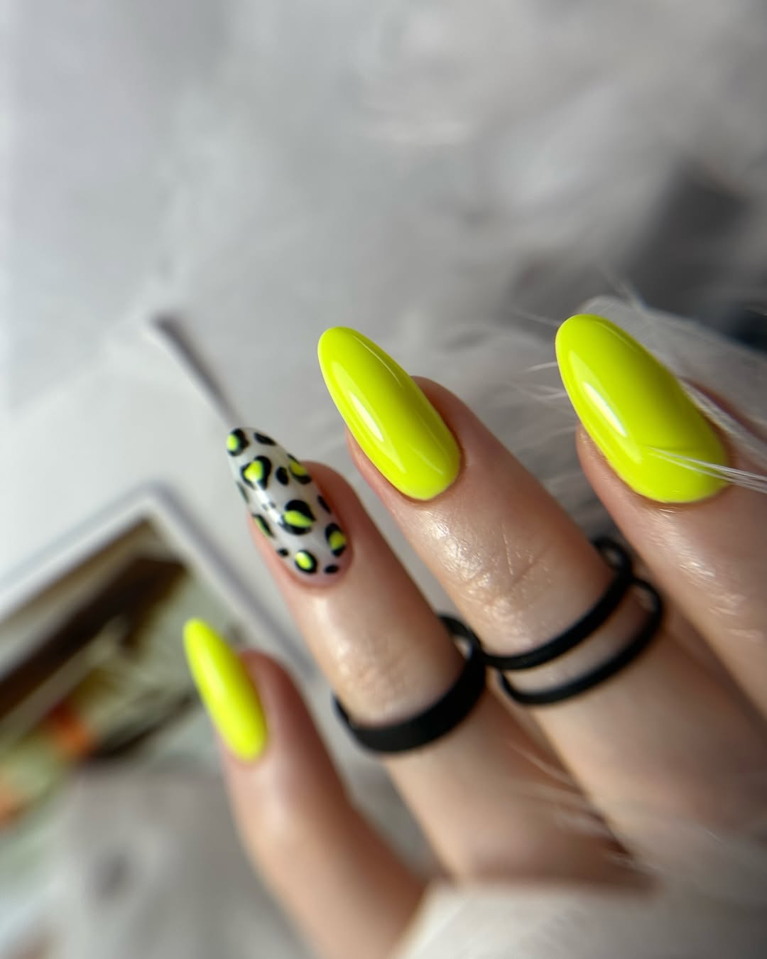 Neon Yellow Leopard Print Almond Nails