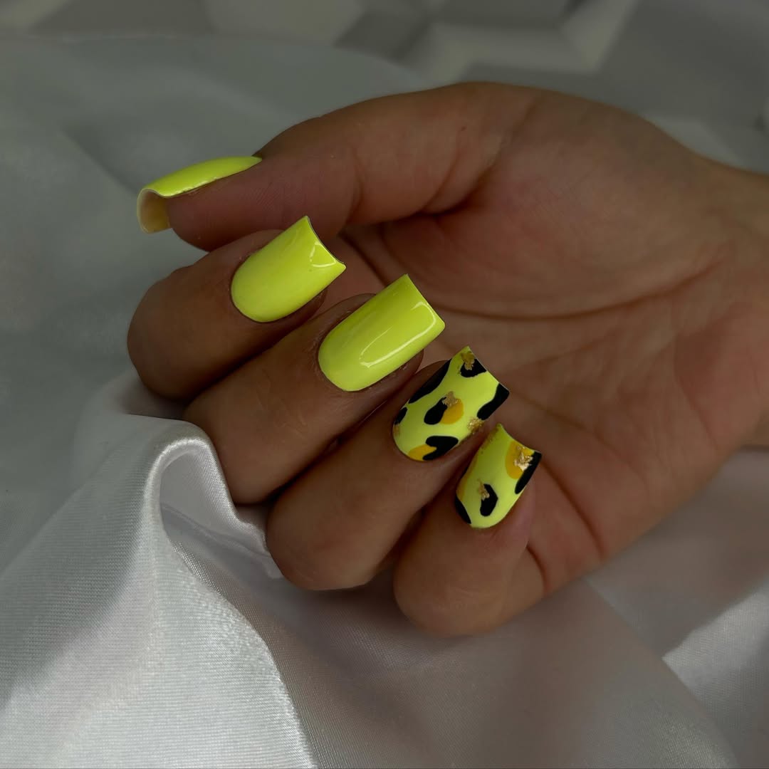 Neon Yellow Leopard Print Square Nails
