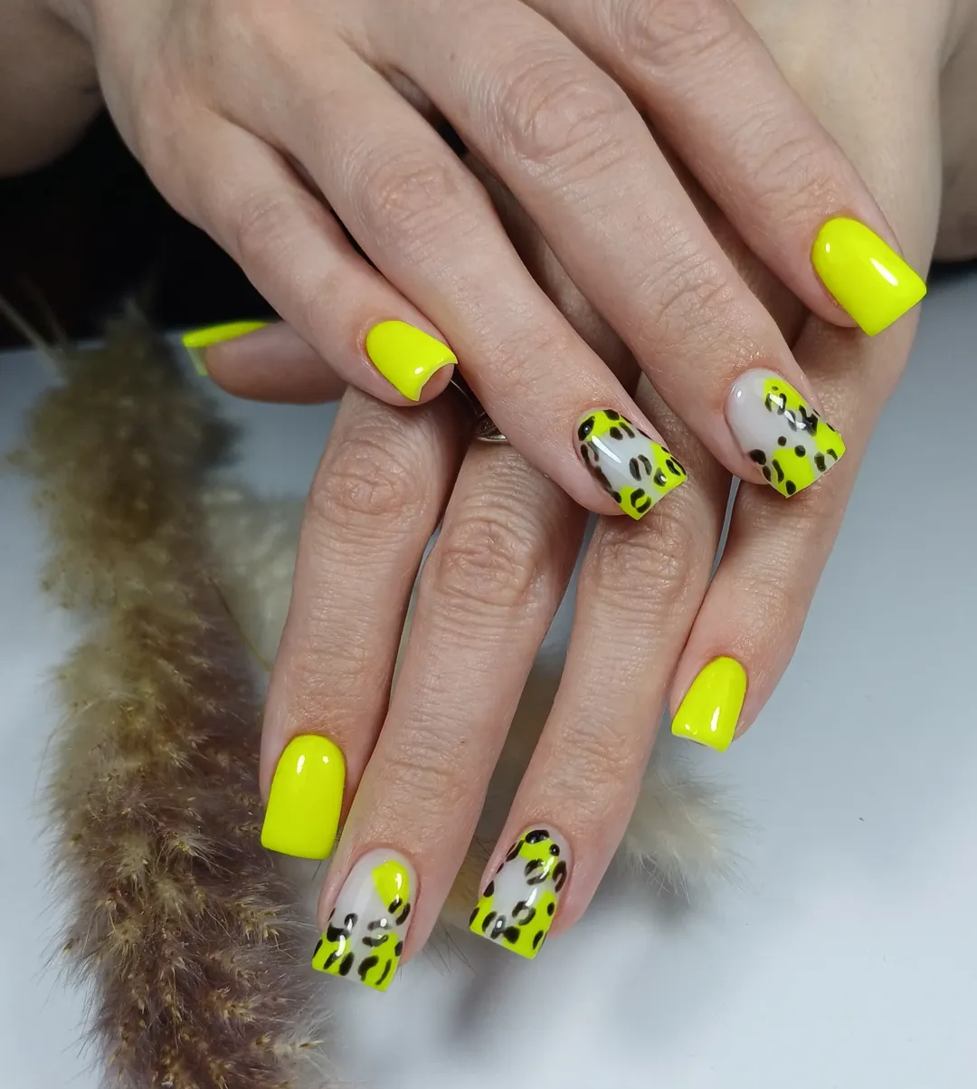 Neon Yellow Leopard Print Square Nails