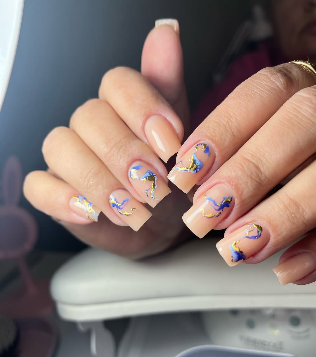 Nude Abstract Blue Gold Swirl Square Nails