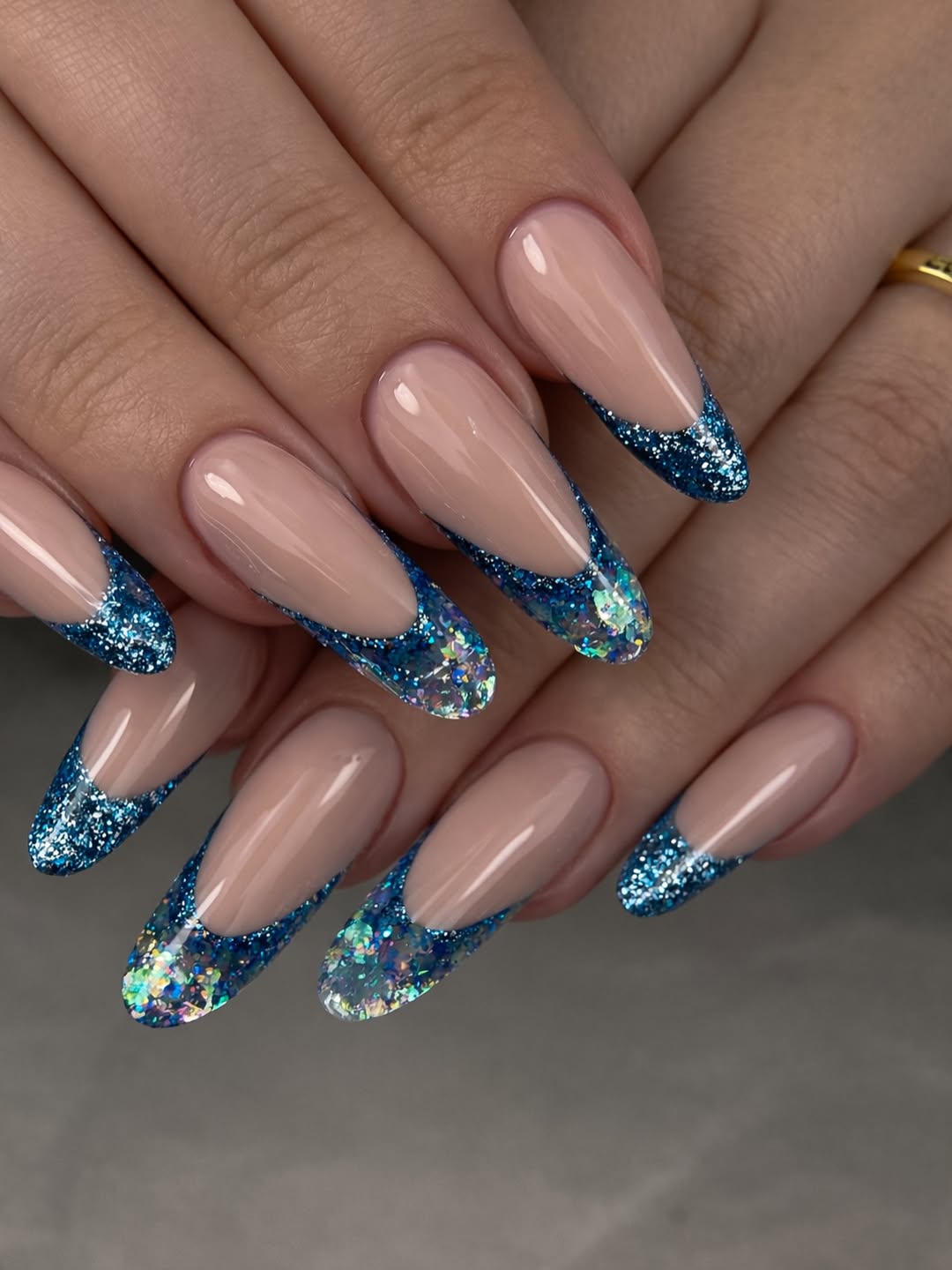 Nude Base Blue Glitter French Long Coffin Nails