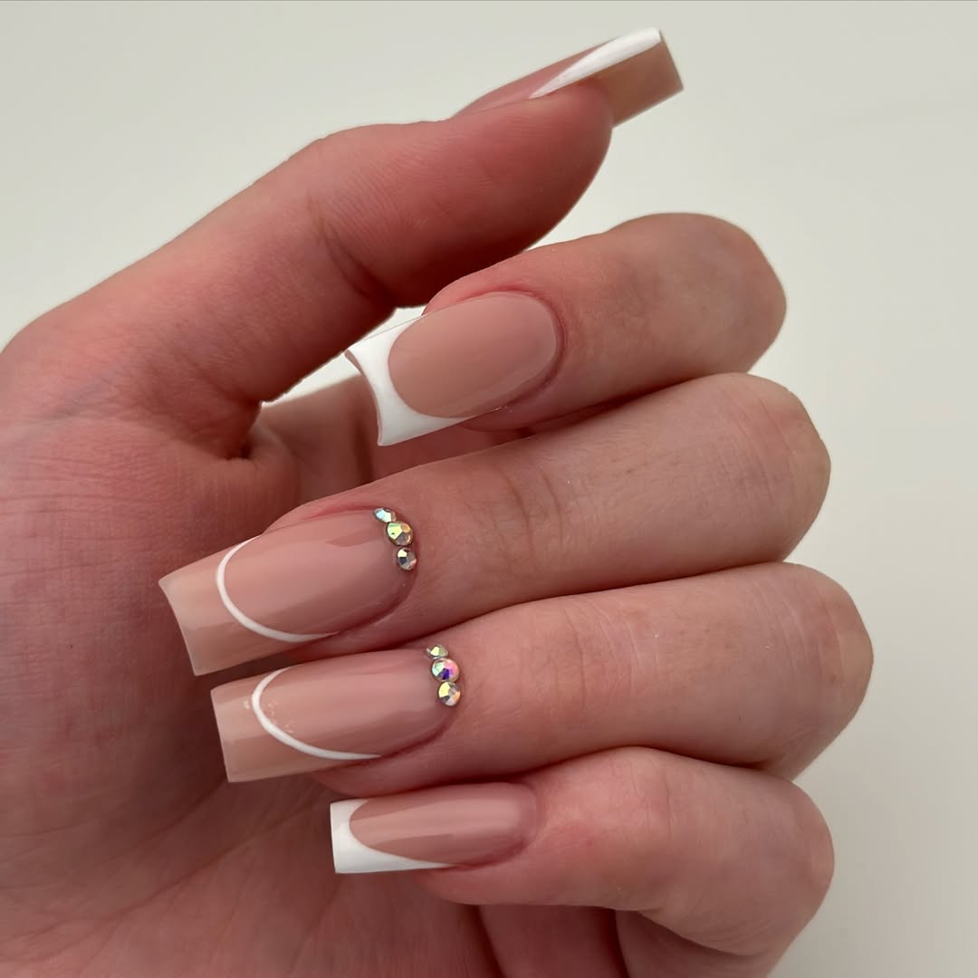 Nude French Tip Square Nails With Rhinestone Detail