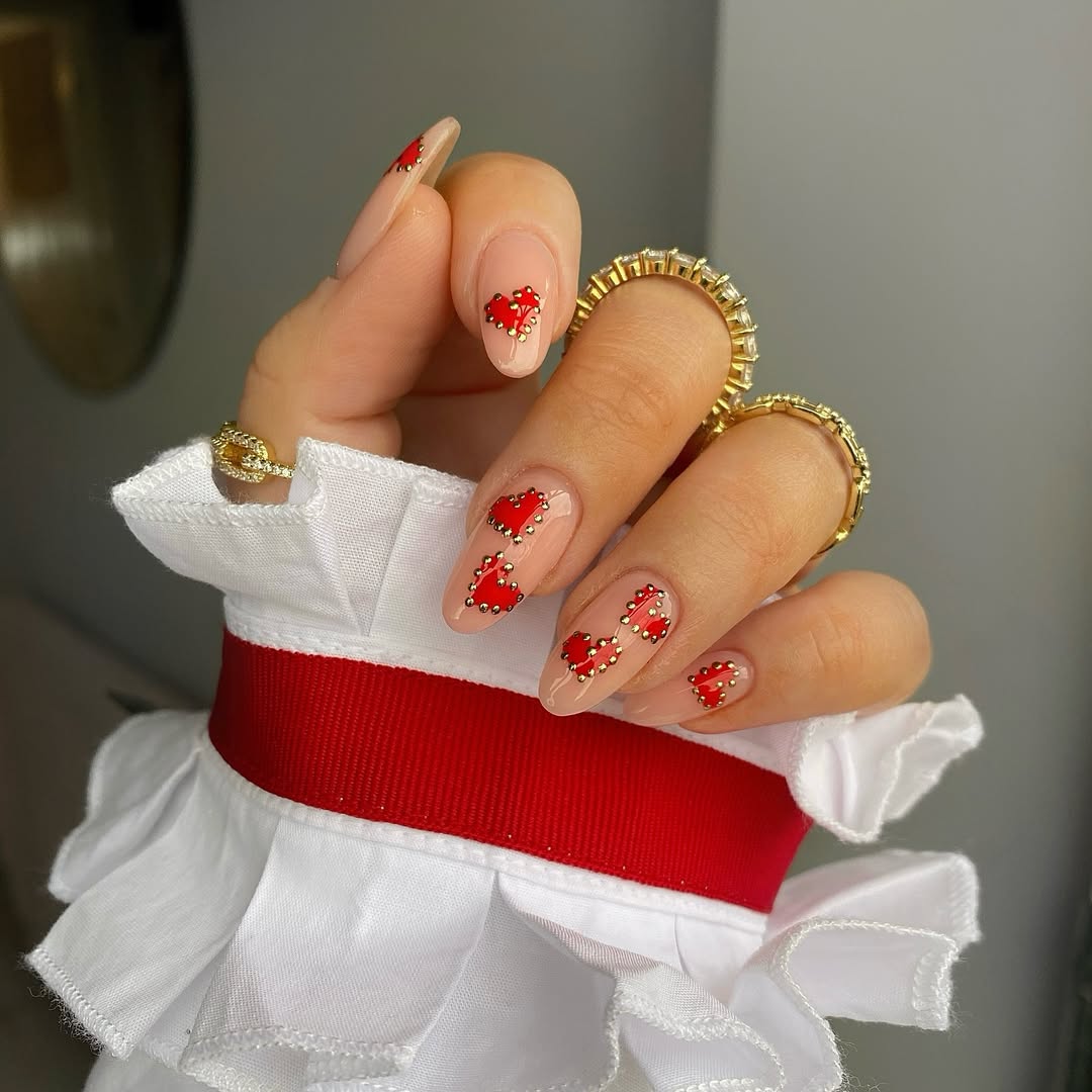 Nude Red Love Heart Gold Dot Almond Nails