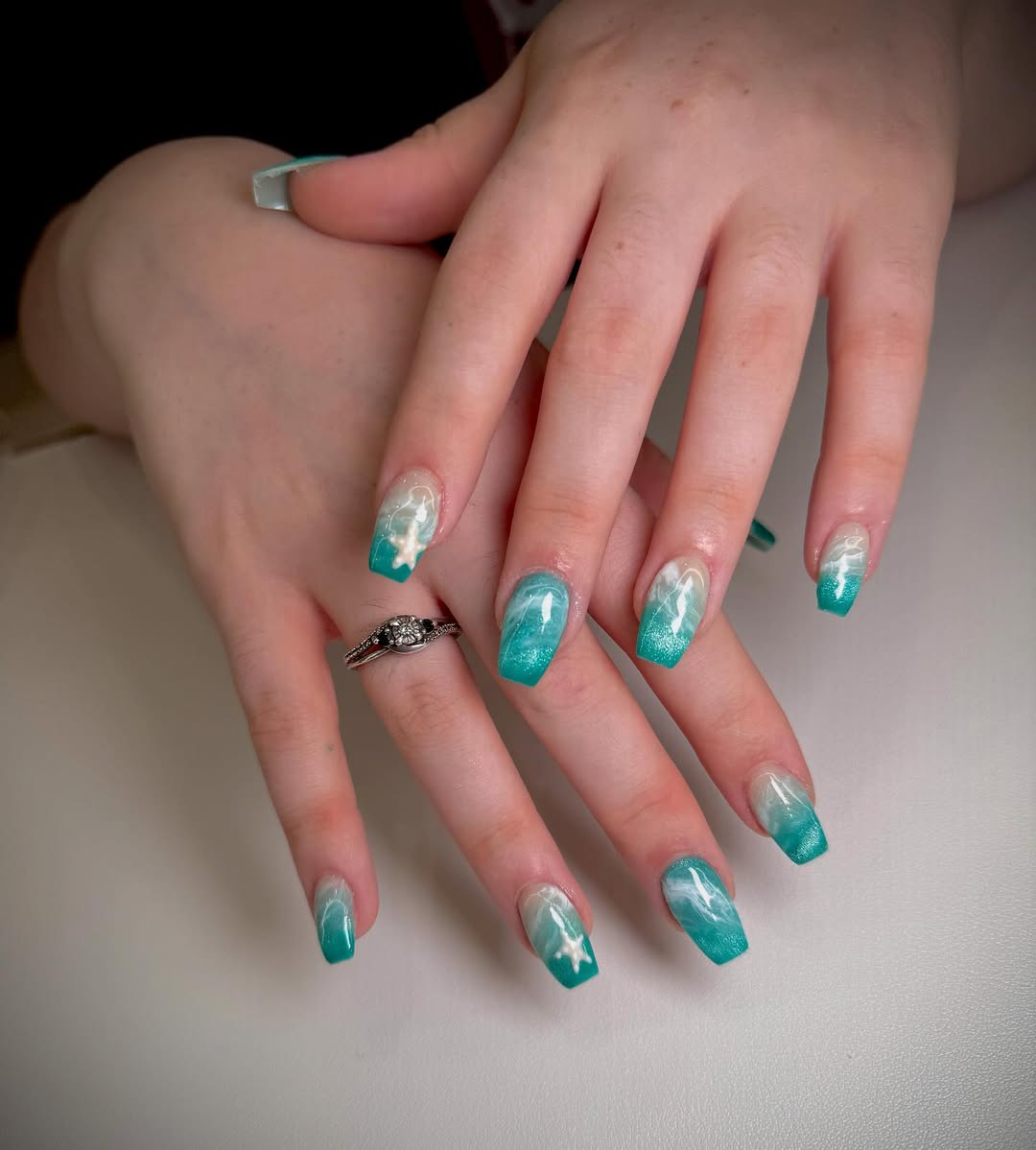 Ocean Ombre Sea Foam Coffin Nails