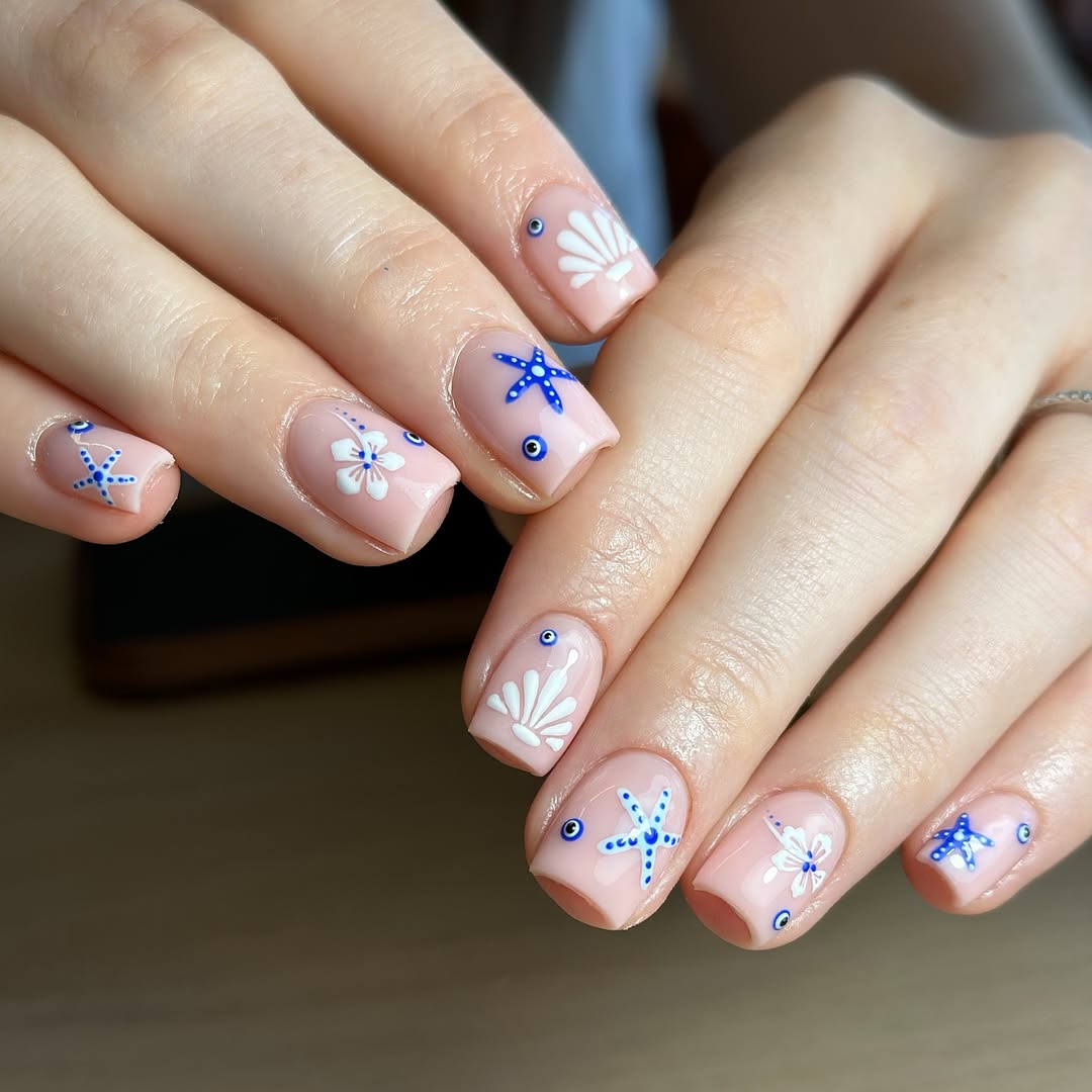 Oceanic Pink Squoval Nautical Art Nails