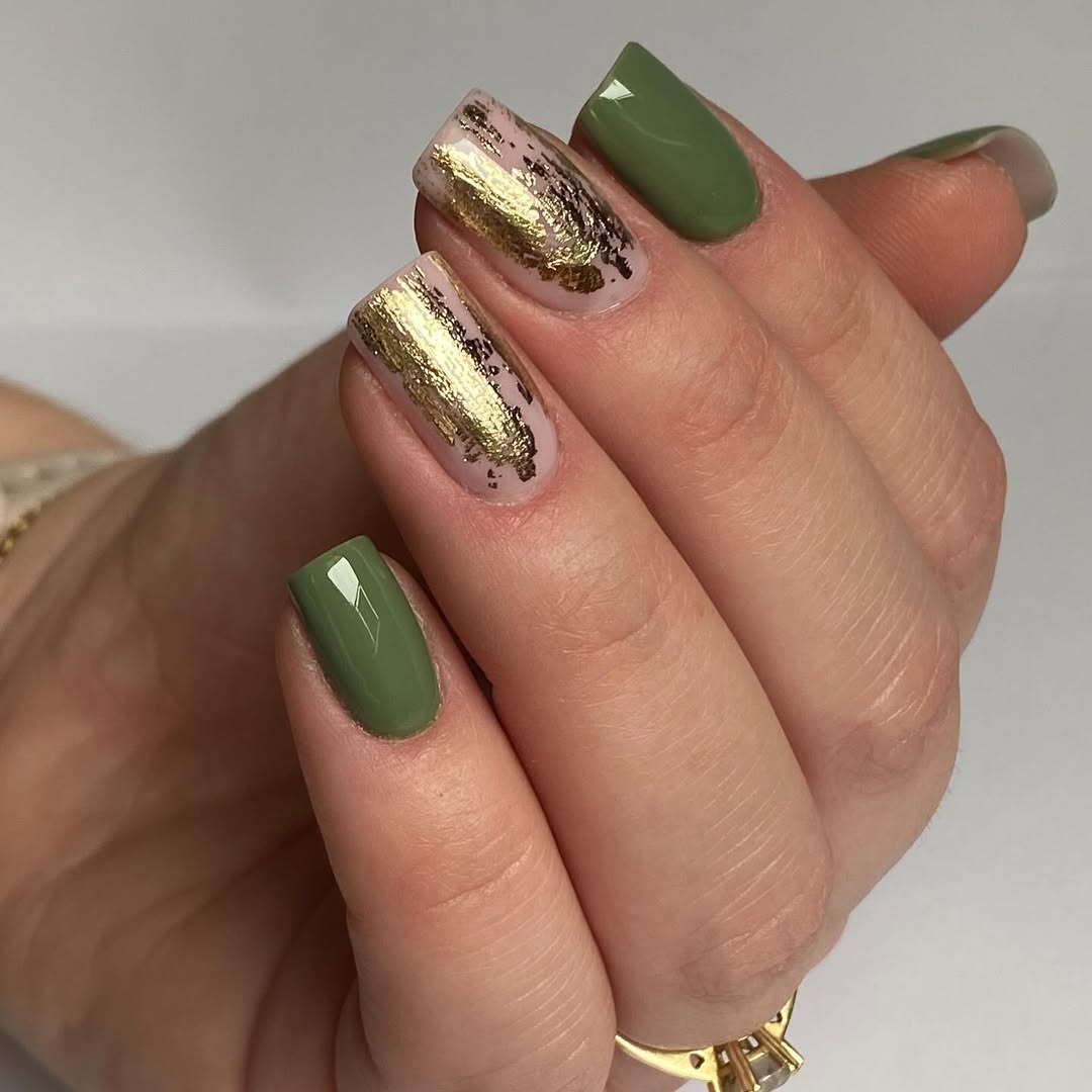 Olive Green and Gold Foil Abstract Statement Nails